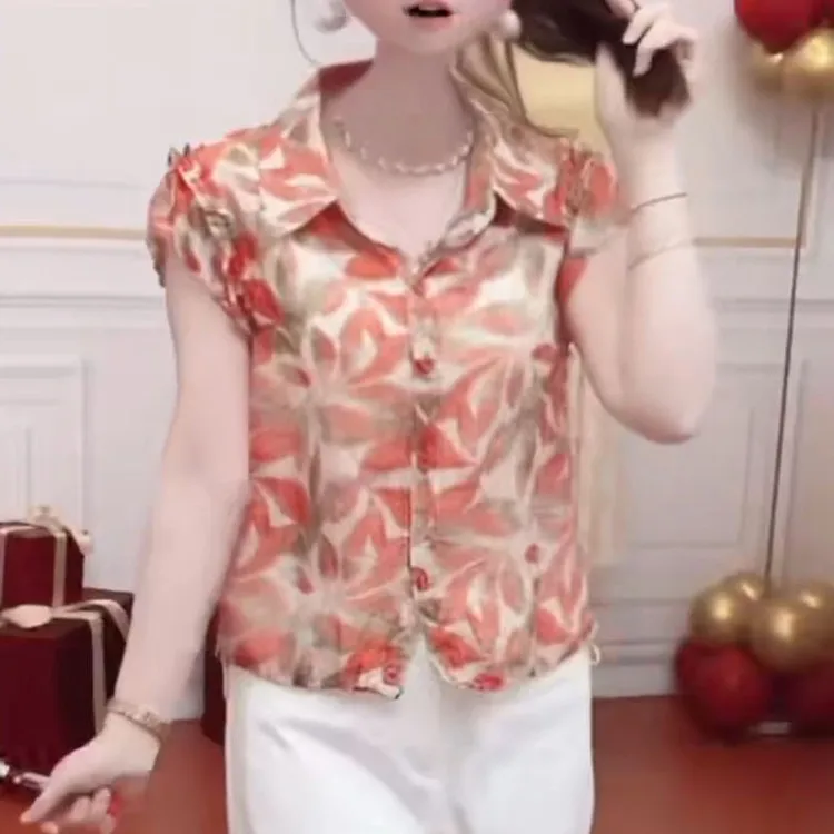 2025夏季新款翻领碎花花苞袖短袖衬衫女时尚洋气百搭显瘦上衣小衫