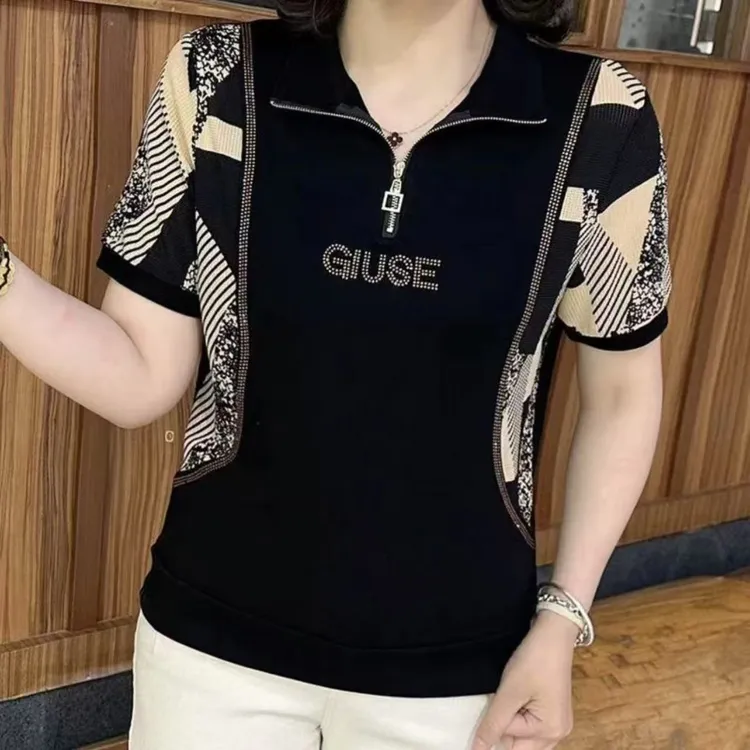 宽松夏季小衫显瘦女士休闲女装翻领拉链休闲风运动中老年女装