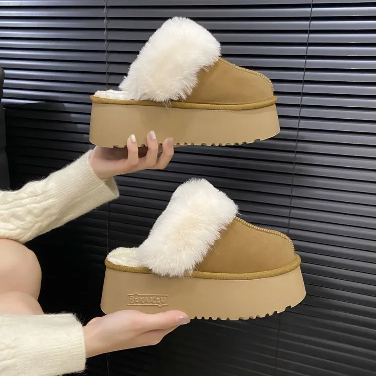 秋冬季爆款加绒百搭韩版包头拖毛毛鞋磨砂皮居家厚底增高5-7公分