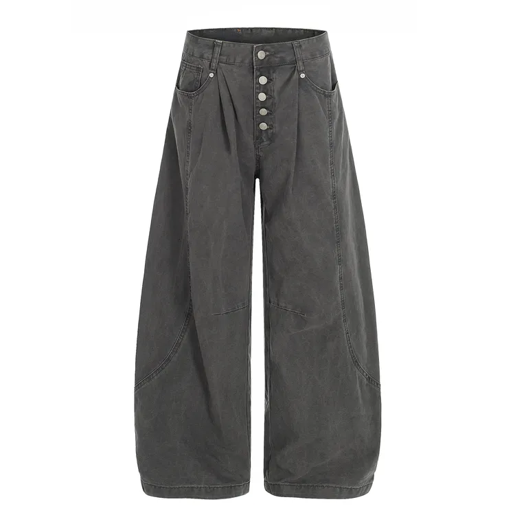 美式水洗排扣工装裤重磅宽松阔腿解构设计感牛仔裤弯刀裤子搭男女