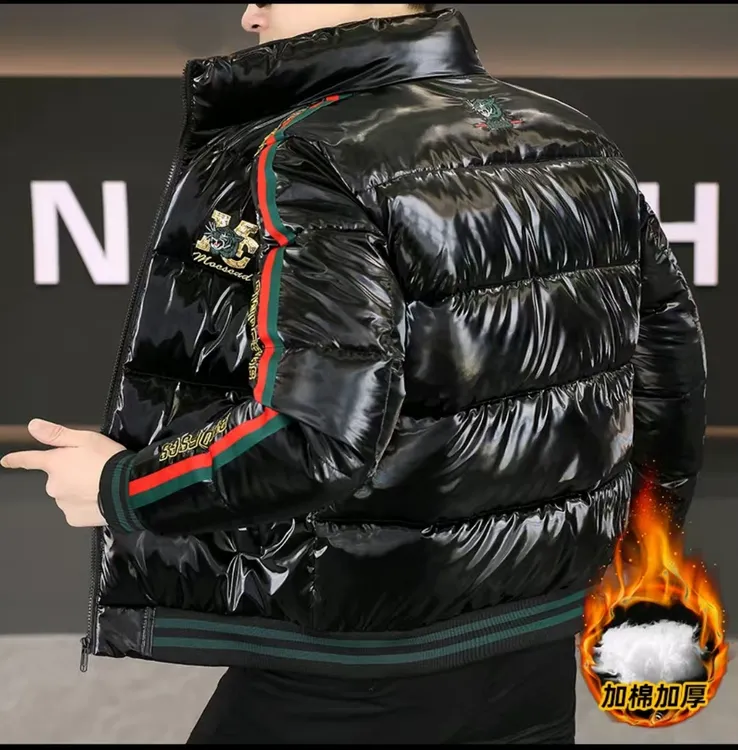 冬季新款男士潮流时尚帅气百搭高品质亮面刺绣立领休闲保暖棉服