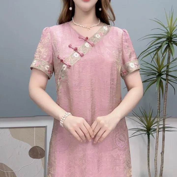 夏季连衣裙短袖女装改良版旗袍裙高腰气质显瘦时尚宽松中长款裙子