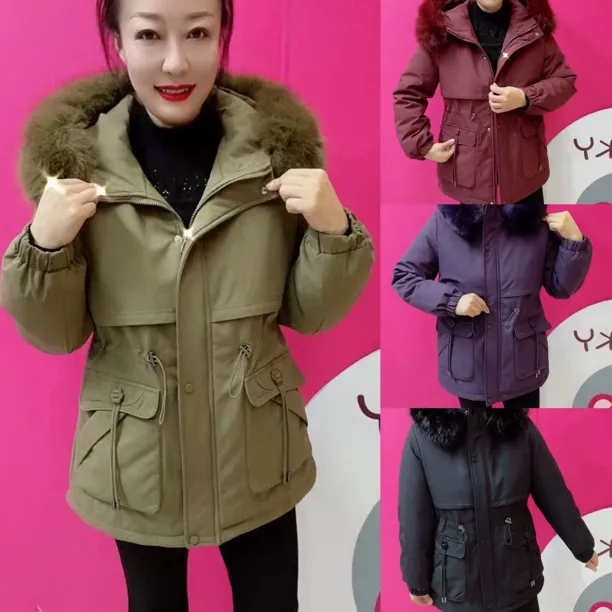 冬季女士连帽中长款派克棉服加绒加厚宽松显瘦保暖棉袄外套