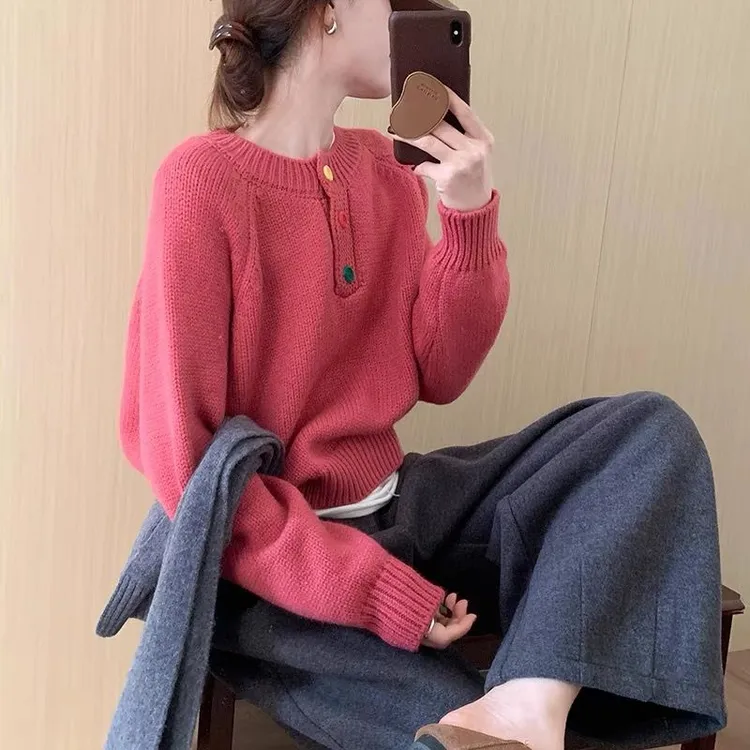 多巴胺彩扣套头毛衣2024冬季新款韩版宽松显瘦百搭针织衫上衣女