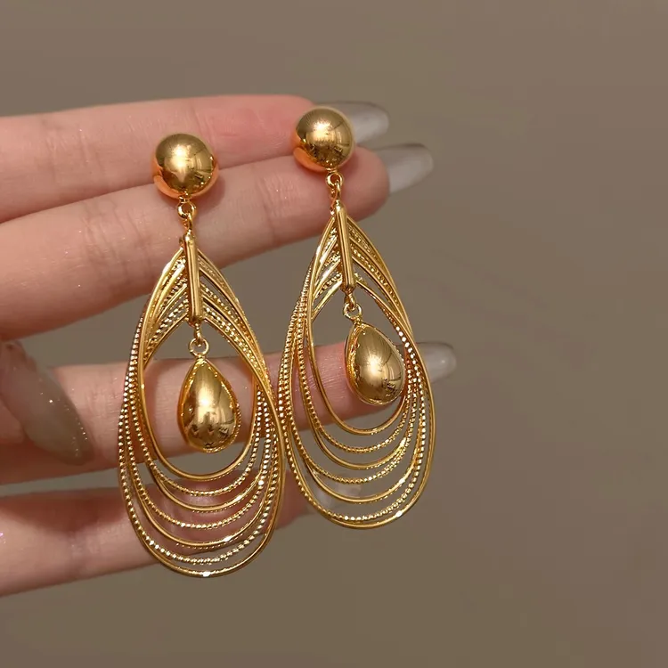 法式复古金色多层圈圈水滴耳钉女长款耳环2026新款爆款高级感耳饰
