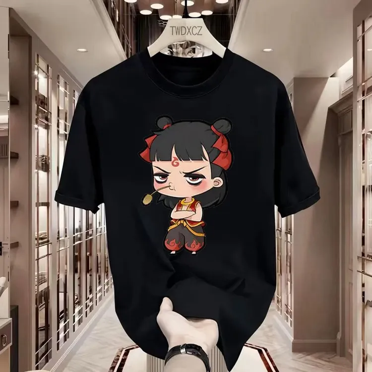 夏季新款国潮哪吒印花男士纯棉短袖百搭痞帅圆领半袖个性休闲潮T