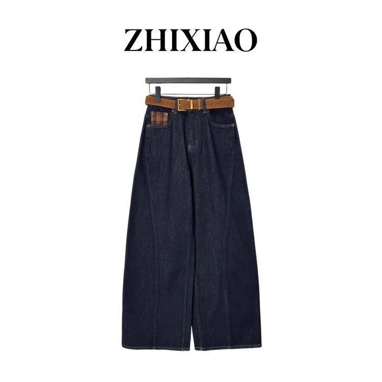 【ZHIXIAO】秋冬新款：拼接格子抓毛牛仔裤54187
