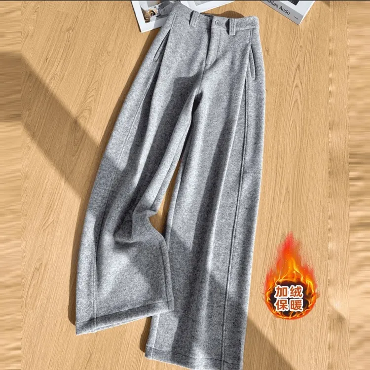 毛呢高腰阔腿裤女2025冬季新款加绒保暖显瘦百搭直筒裤休闲长裤