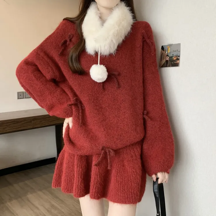 新年红色一整套独特套装女秋冬新款胖mm高级针织衫毛衣半身裙两件