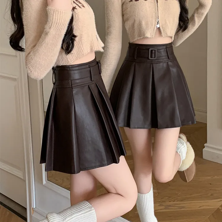 咖色皮裙半身裙女秋冬2025新款小个子高腰防走光显瘦a字百褶短裙