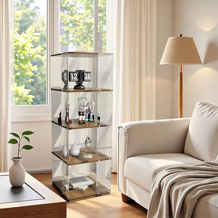 实木可旋转亚克力简约风书架落地置物架储物柜一体靠墙手办展示柜