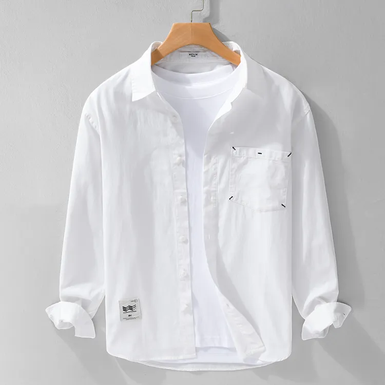 日系复古简约纯色经典百搭长袖休闲衬衫春季男士潮流宽松衬衣外套