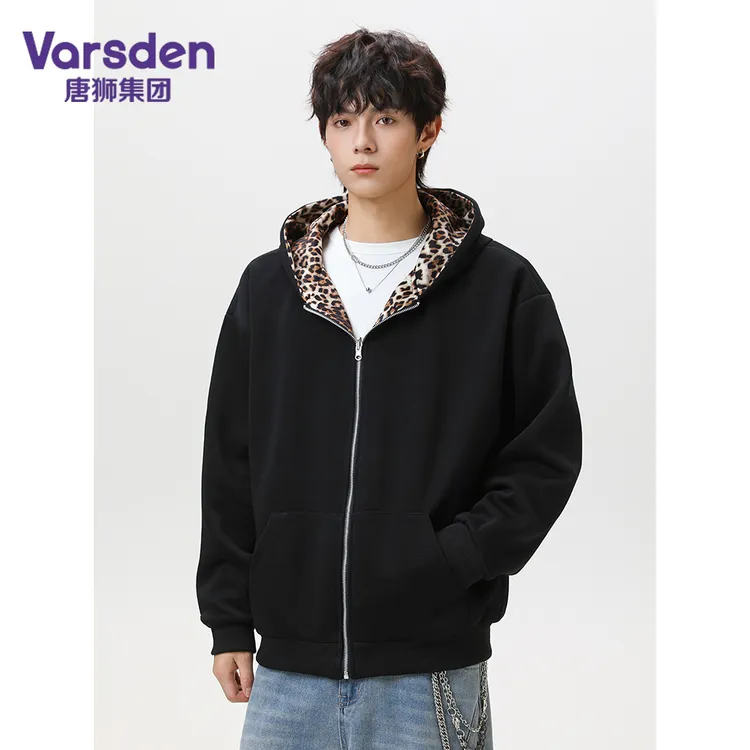 唐狮集团Varsden复古高街嘻哈风豹纹秋冬连帽卫衣设计感男款外套