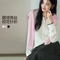 【藏青】伊芙丽圆领亮丝绞花撞色针织衫休闲25秋新款1G8931681