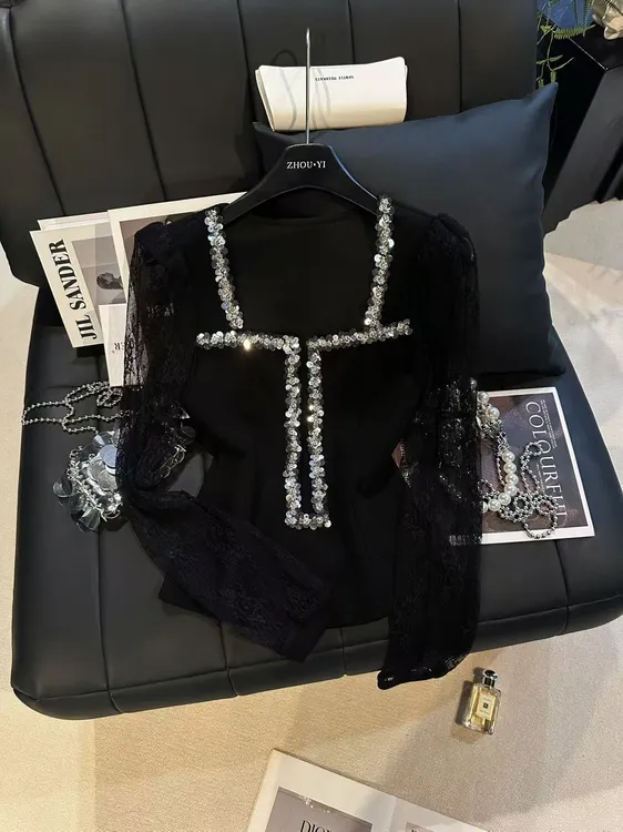 ZHOUYI/周一 2025爆款早秋打底衫蕾丝亮片方领长袖女修身百搭上衣