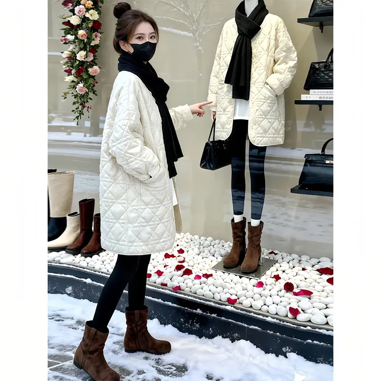 2025冬季韩版新款中长款时尚棉服女显瘦宽松菱格设计百搭棉衣外套
