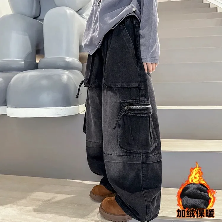 男童秋冬加绒裤子炸街春秋新款儿童装秋装中大童工装牛仔裤痞帅潮