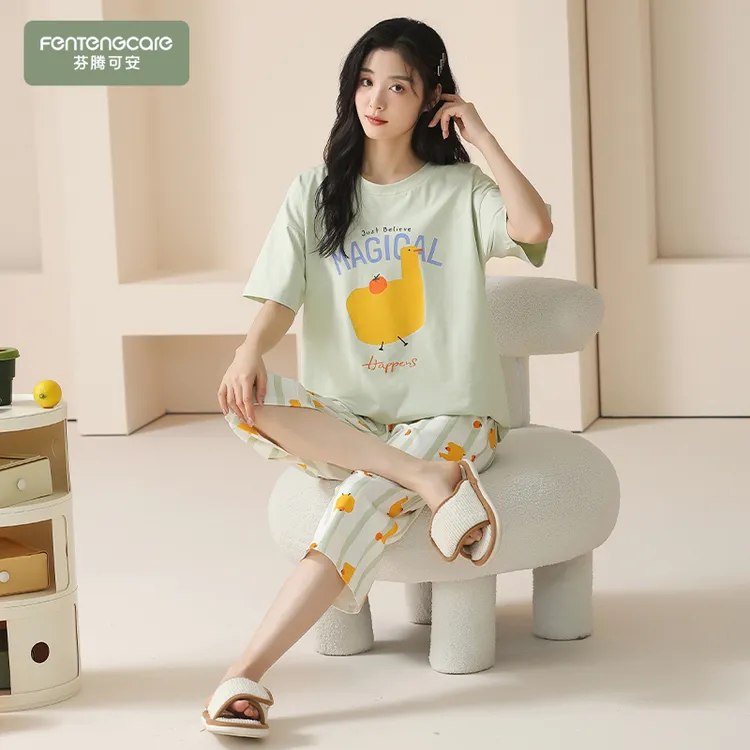 芬腾可安2025年新款睡衣女夏纯棉短袖七分裤薄款卡通可外穿家居服