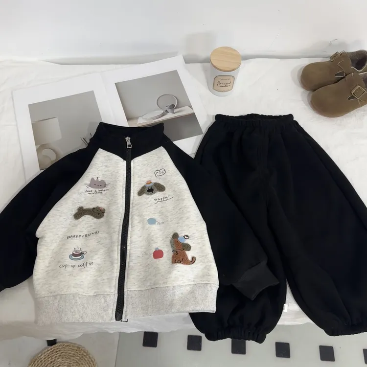 【加绒加厚】2025秋冬季卫衣小狗印花新款儿童卡通宽松韩版套装