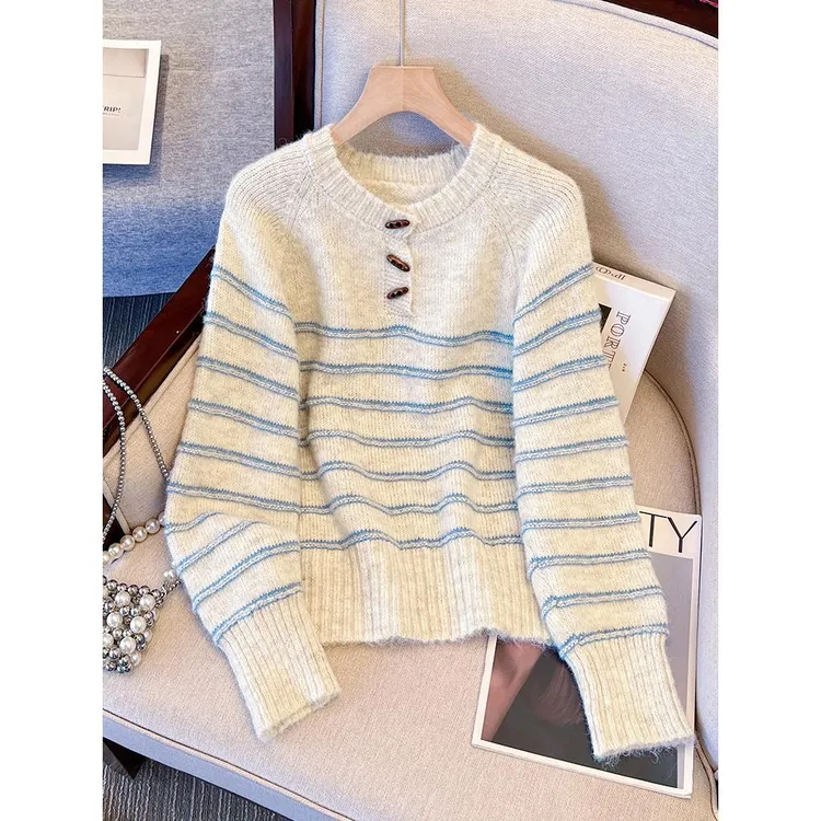 法芬图杏色圆领条纹套头毛衣女2025新款秋冬季慵懒针织衫外套上衣