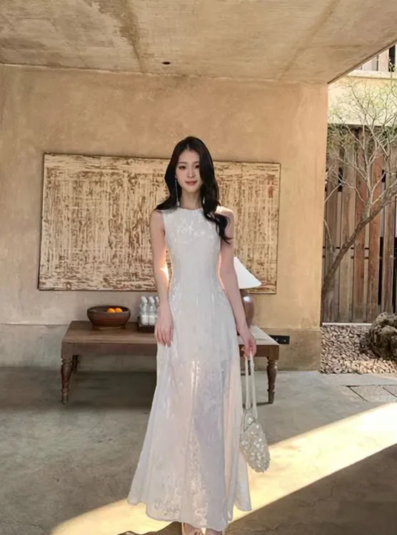 芭蕾风设计感辣妹气质无袖提花连衣裙女2025夏季新款显瘦长裙子潮