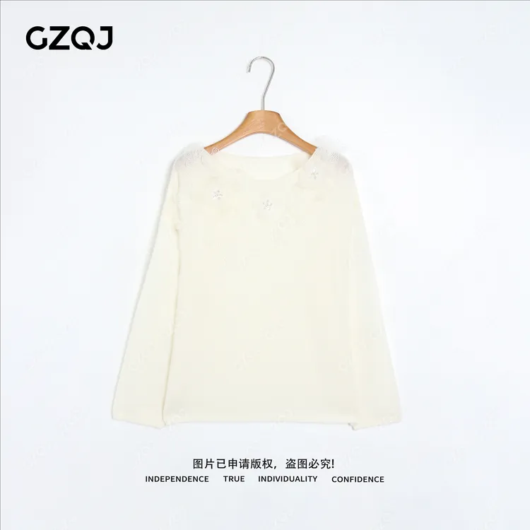 老琴私服【花序】琥珀流光风高级感网纱花朵圆领针织衫女新款 35269