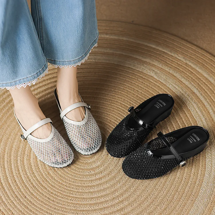 法式渔网包头水钻牛皮拖鞋LF602