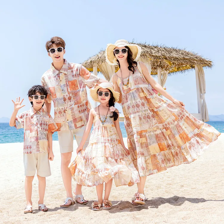 沙滩亲子装父子衬衫套装夏天旅游海边度假一家三口四口母女连衣裙