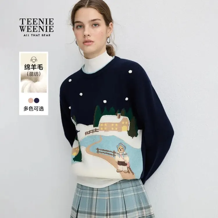 Teenie Weenie小熊女毛针织衫25时尚满身嵌花圆领毛衣TTKW254VC5K
