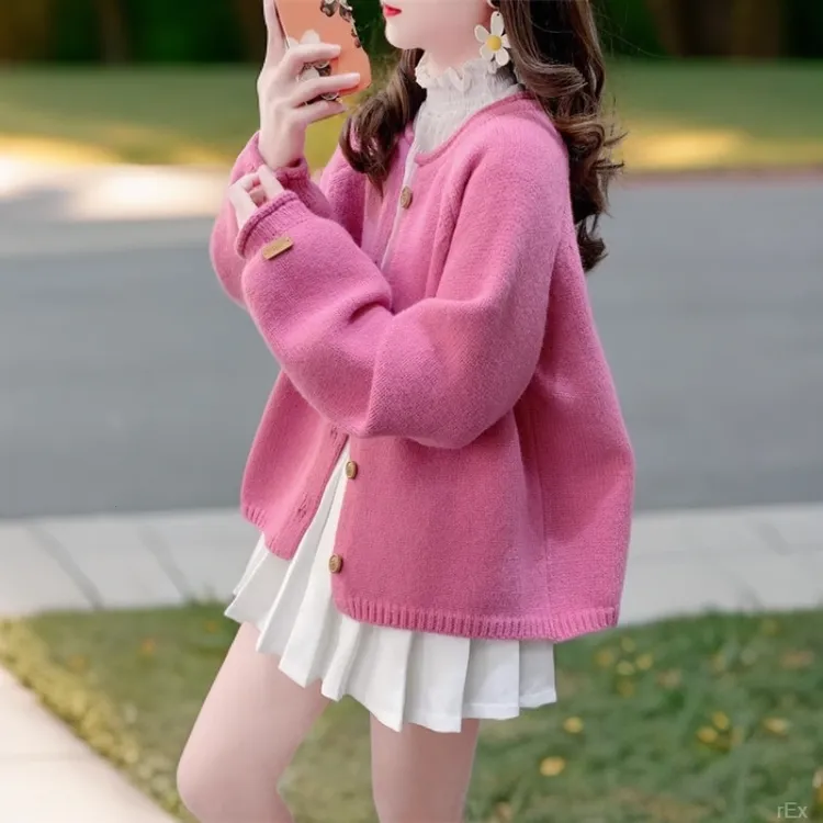 温柔风复古卷边针织开衫2025秋冬新款高级感百搭宽松休闲ins外套