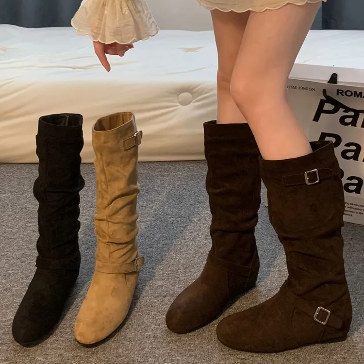 贾不假复古内增高长筒靴女2025新款秋加绒百搭堆堆靴小个子美拉德