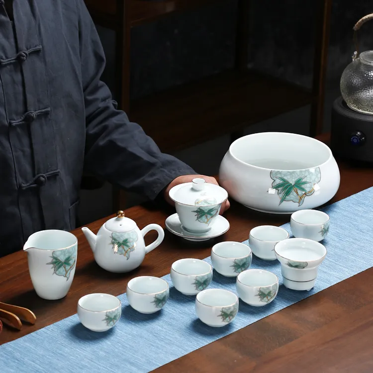 家用大套影青陶瓷功夫茶具套装高档描金绿竹青瓷茶具整套送礼茶具