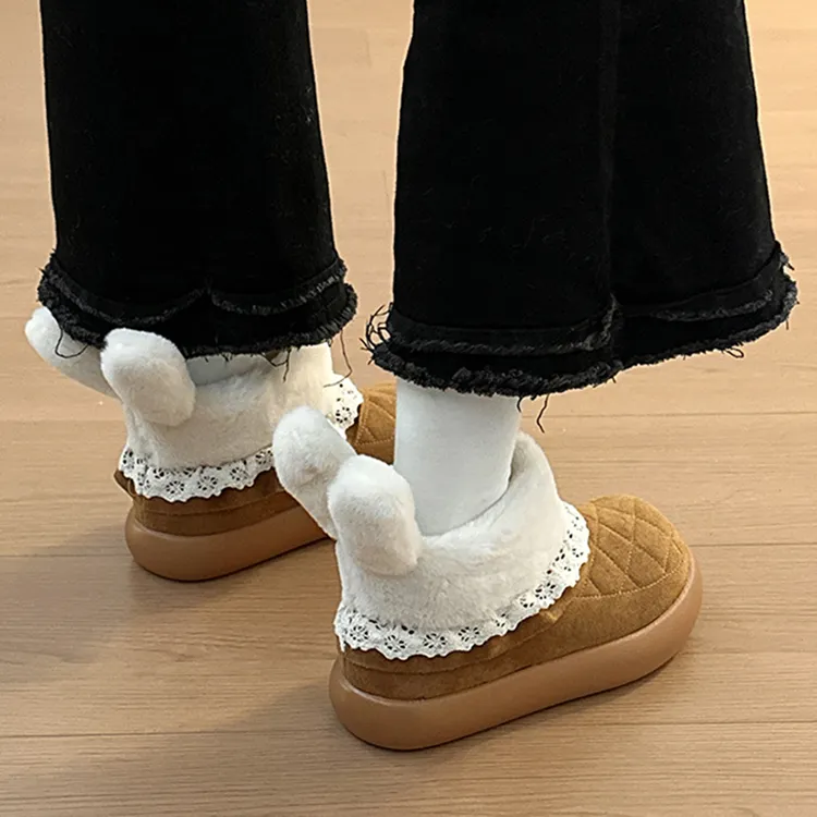 俏皮可爱花边兔耳厚底休闲雪地靴女2025冬季新款加绒保暖短筒棉靴