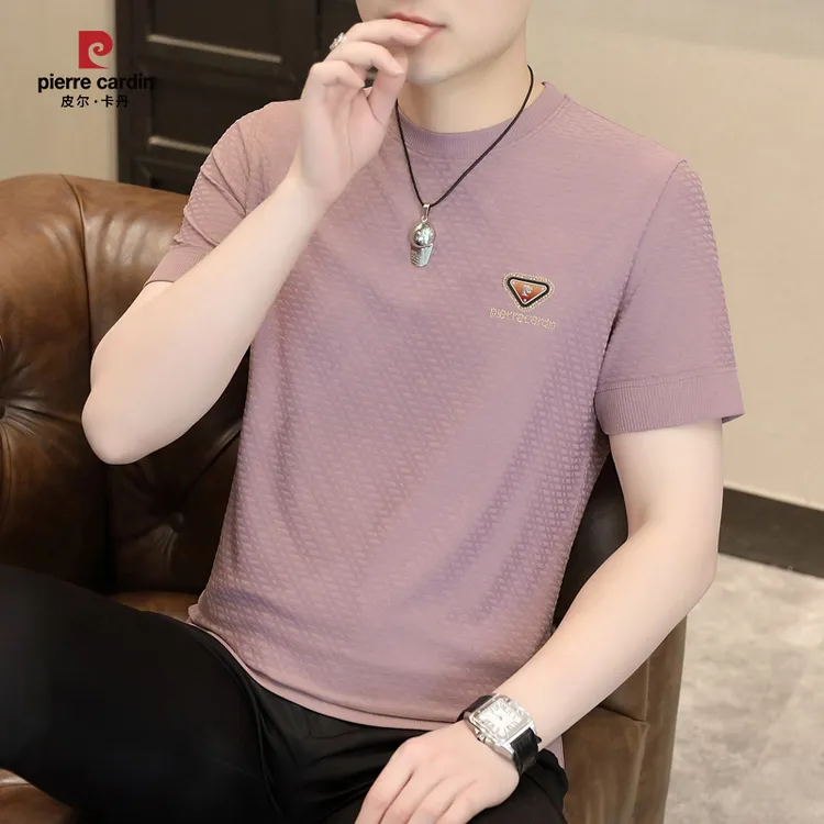 皮尔卡丹高端男士针织提花伊力特圆领短袖夏季休闲百搭透气体恤衫