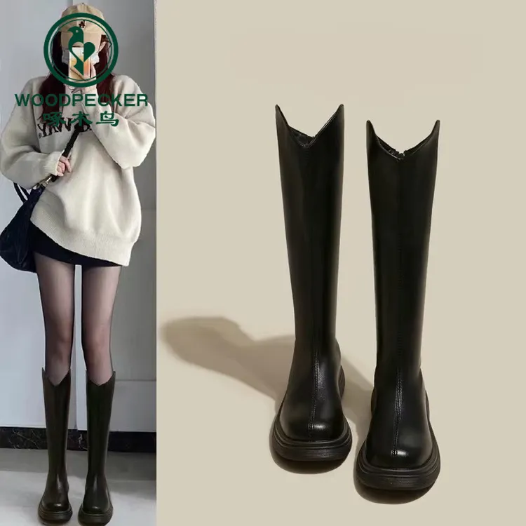 啄木鸟长筒靴女2025新秋冬加绒厚底女靴子高筒骑士靴小个子长靴女