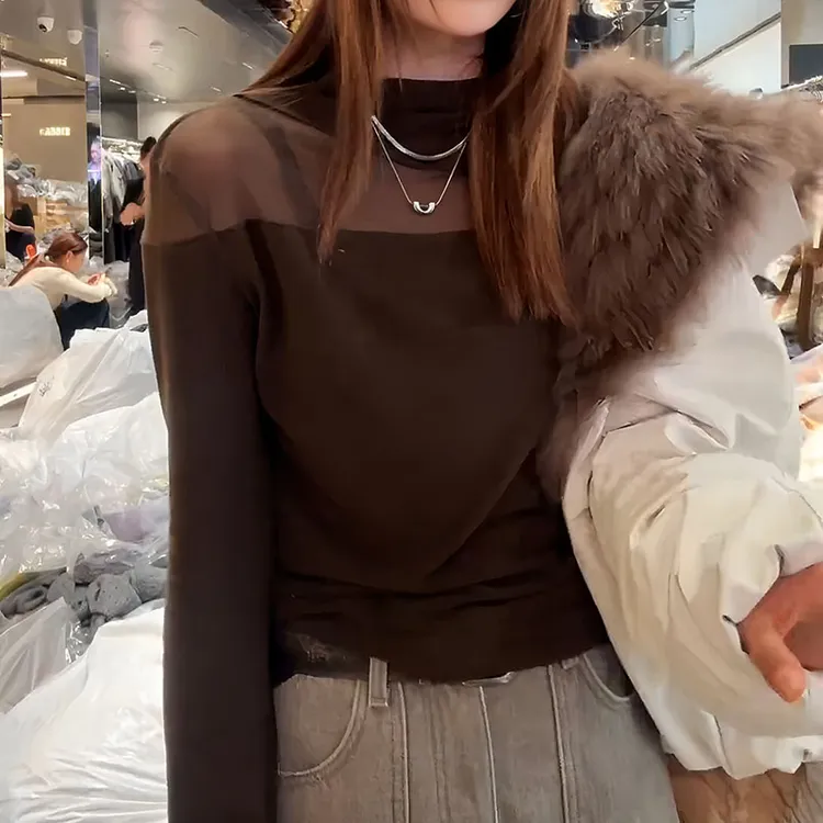 大码女装网纱拼接半高领长袖t恤秋季胖mm修身显瘦内搭打底衫上衣