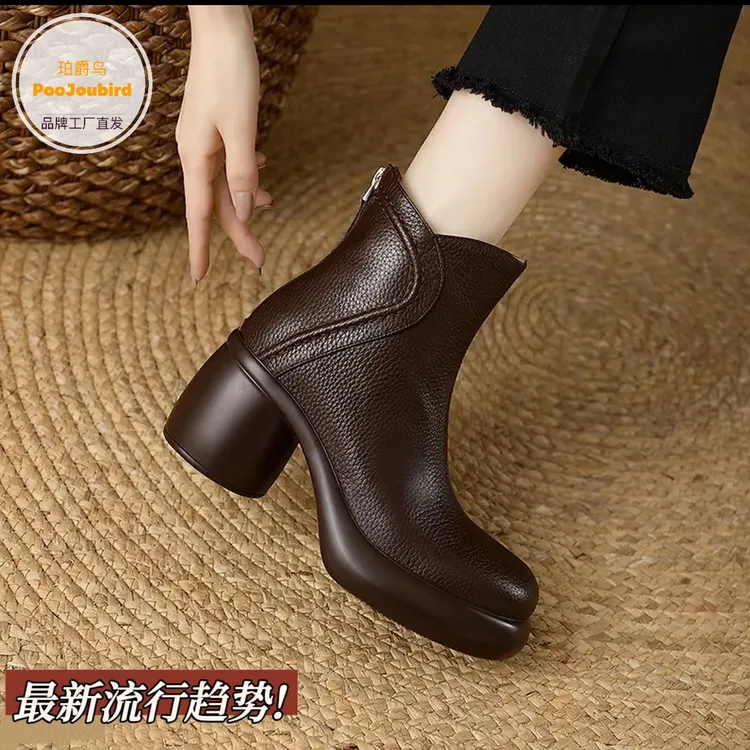 【珀爵鸟专柜版】后拉链女短靴女防水台马丁靴牛皮时尚方头粗跟靴子