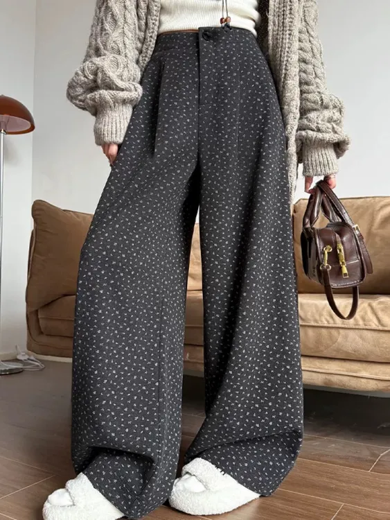 小清新碎花呢料西装阔腿裤子女秋冬款复古宽松慵懒直筒裤休闲长裤