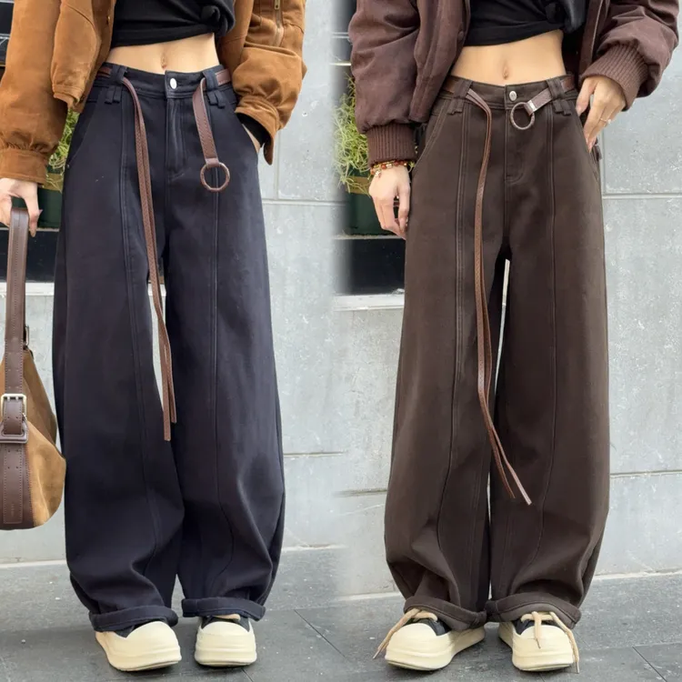 欧洲站冬25新款高腰显瘦密密绒弯刀直筒女宽松休闲牛仔裤潮CC888