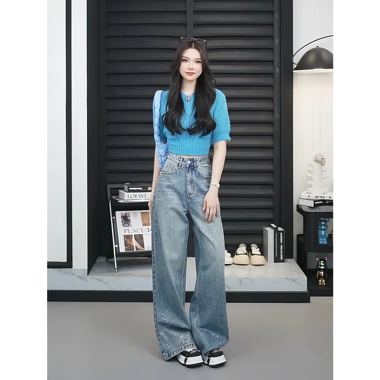 【TO&HR.GIRL】A3337-浅蓝璀璨之星高腰阔腿牛仔拖地裤女时尚潮流春