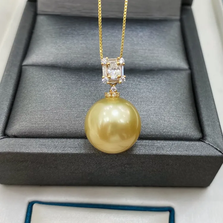 13-14mm南洋金珠吊坠正圆无暇高品质18k金色海水珍珠送妈妈送女友