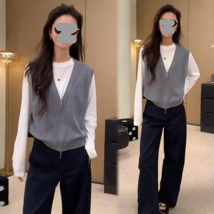 韩系慵懒风套装女2025年春秋新款叠穿打底衫针织马甲阔腿裤三件套