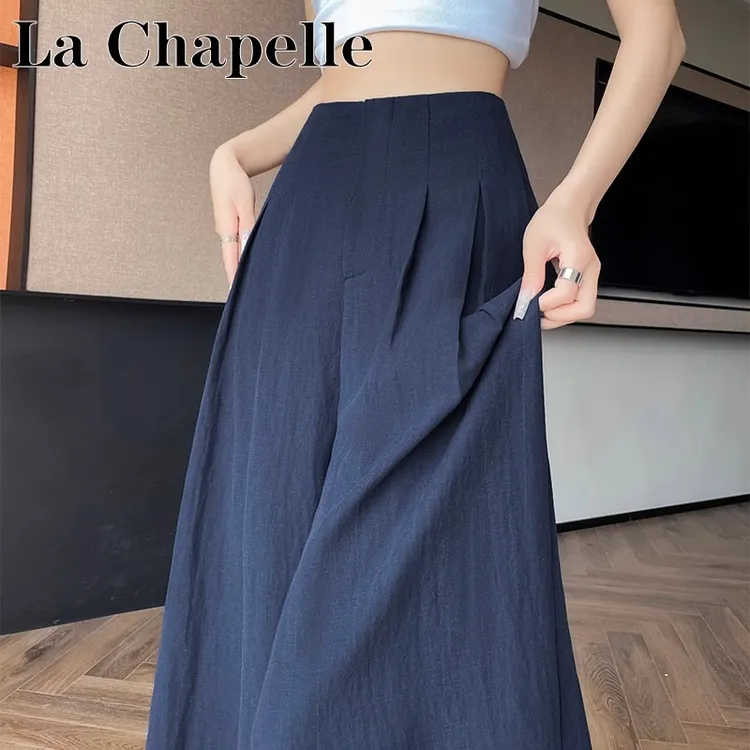 拉夏贝尔藏青色天丝亚麻山本裙裤女夏冰丝薄款棉麻压褶西装阔腿裤