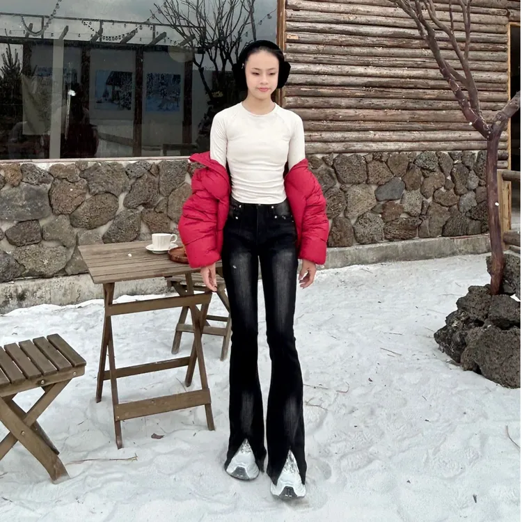 雪妈ESTAR加绒加厚加长牛仔弹显瘦微辣裤百搭黑色微喇叭修身