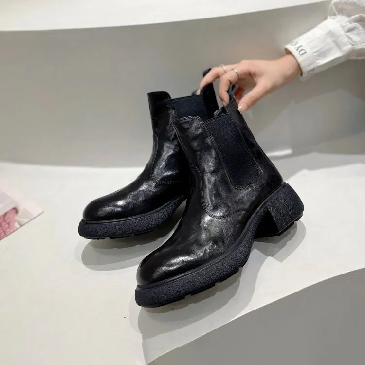 羊皮版~厚底一脚蹬短靴英伦风一脚蹬通勤靴子小个子增高瘦瘦靴女 