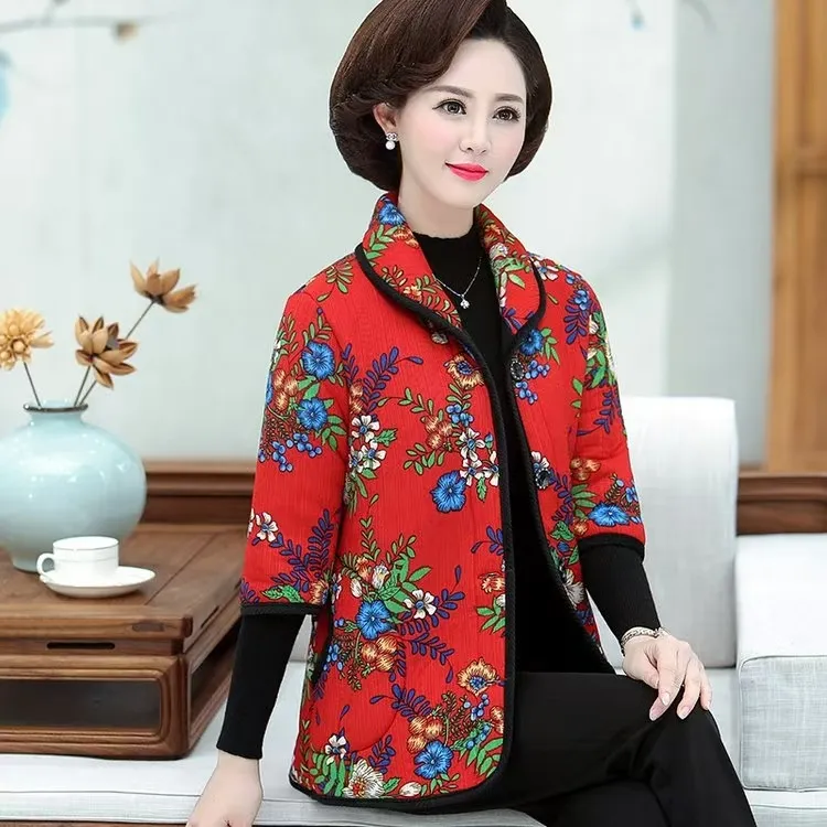 秋冬款棉衣加绒加厚保暖妈妈装中老年女洋气复古大花半袖棉袄女