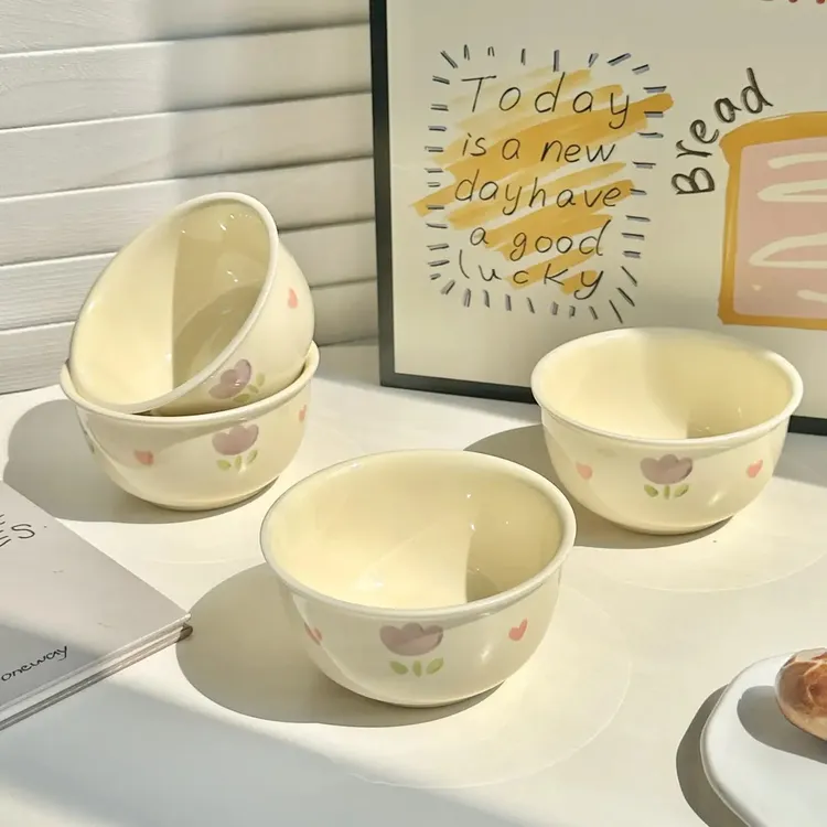 奶油郁金香ins可爱陶瓷高颜值饭碗餐具家用甜品宿舍下彩少女碗具