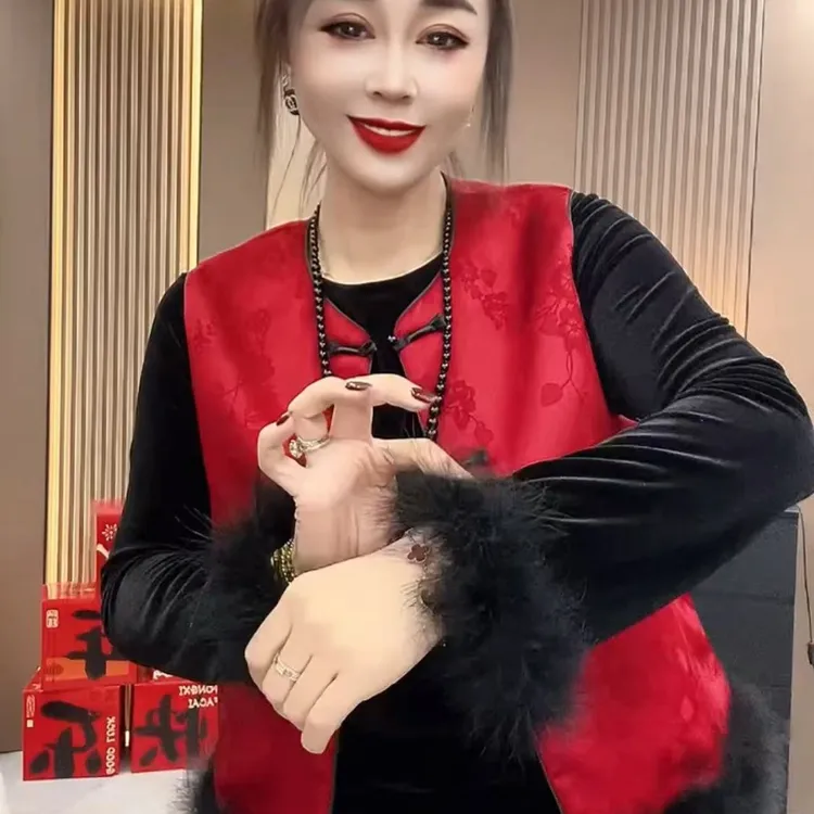 961拜年旗袍套装中式冬季加厚2025国风战袍盘扣红色马甲过年新款