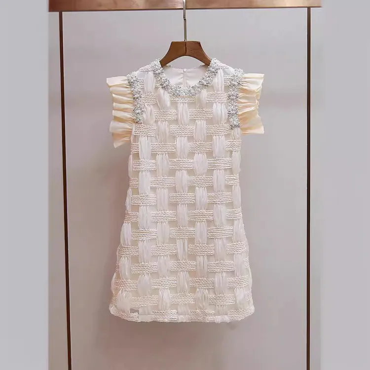 高端女装夏季设计师新款法式重工钉珠连衣裙透明网纱裙女洋气