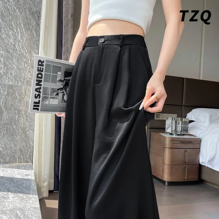 黑色醋酸缎面休闲裤女2025秋季厚款显瘦宽松直筒阔腿裤TZQ2553041